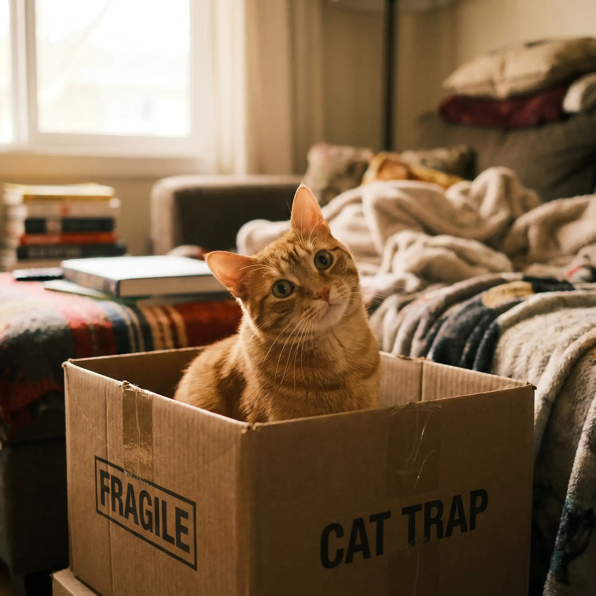 橘猫躲在纸箱里 - 宝贝这才几天没做